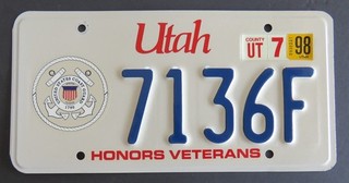 UTAH US COAST GUARD VETERAN / SPECIAL license plate 1998 # 7136F