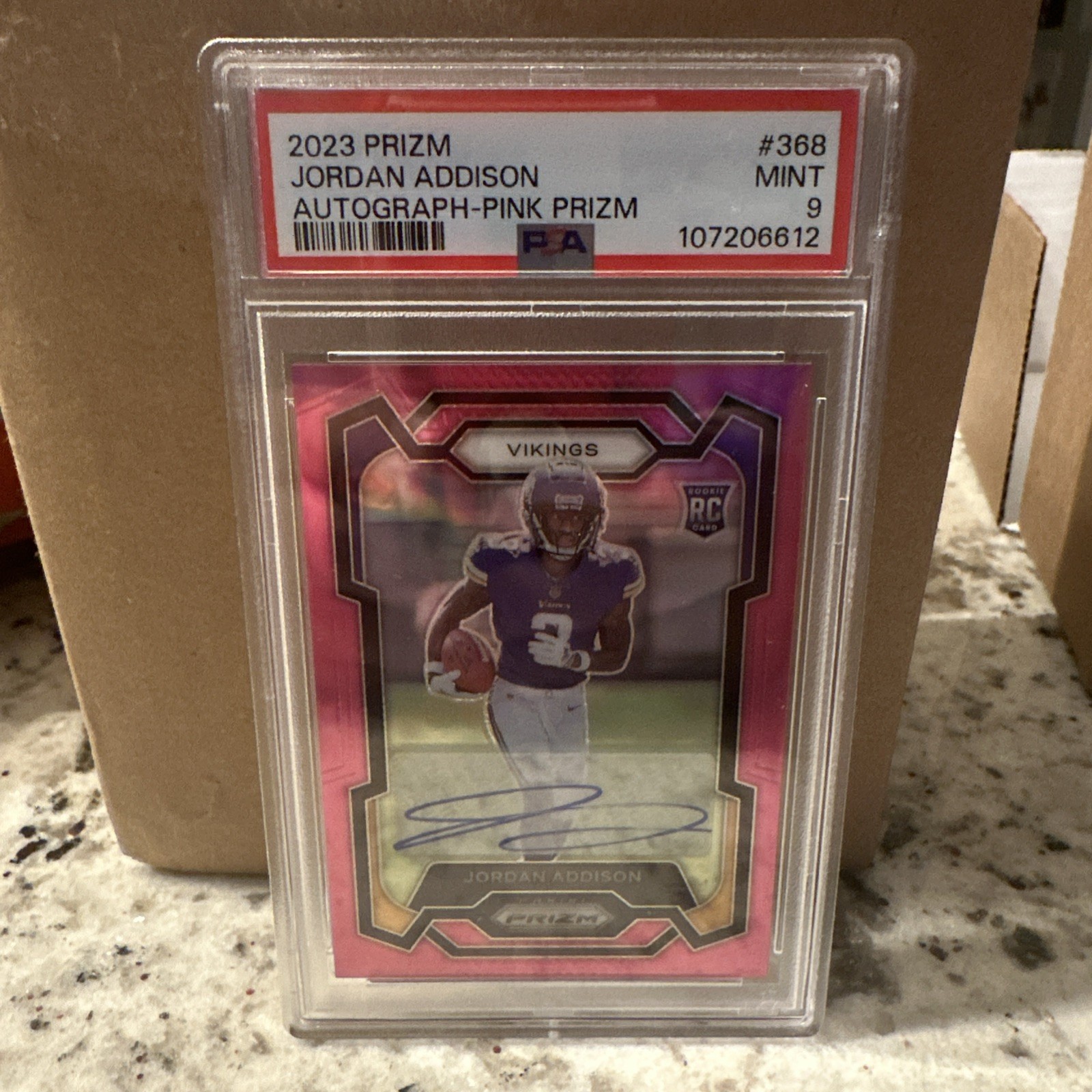 2023 Panini Prizm Rookies Jordan Addison #368 Pink Prizm Autographs (AU, RC)