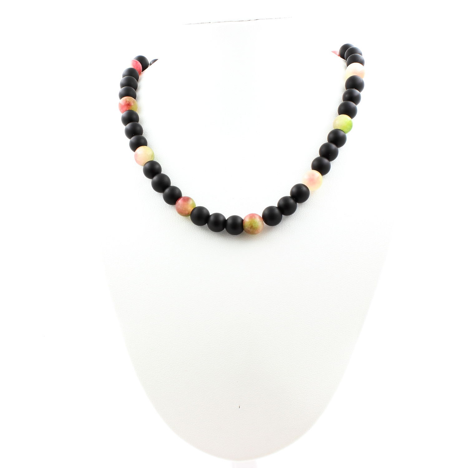Collier tourmaline melon d'eau anti-noircissement en onyx mat 8 mm et acier inoxydable