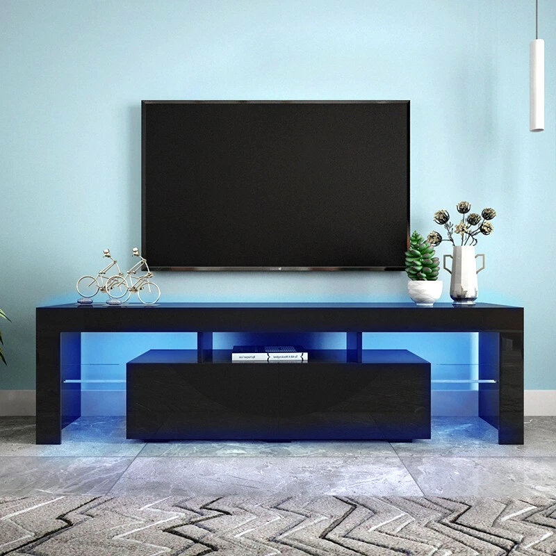 TV Cabinet Entertainment Unit Stand LED Gloss Furniture 160cm Black