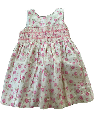 Laura Ashley Ivory/Pink Rose Spray Floral Smocked Party Dress 12M - Main Image