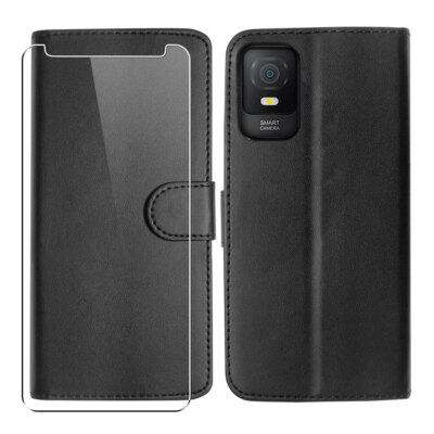 Leather Wallet Flip Case for TCL 403 and Glass Screen Protector Black