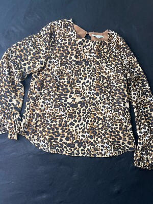 Rose + Olive Blouse Cheetah Print Pleated Tie Sleeve Key Hole Back Size S