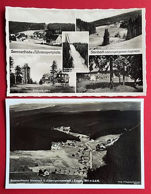 2 x AK STEINBACH bei Johanngeorgenstadt um 1930 Wintersportplatz Luftbild ( 5124