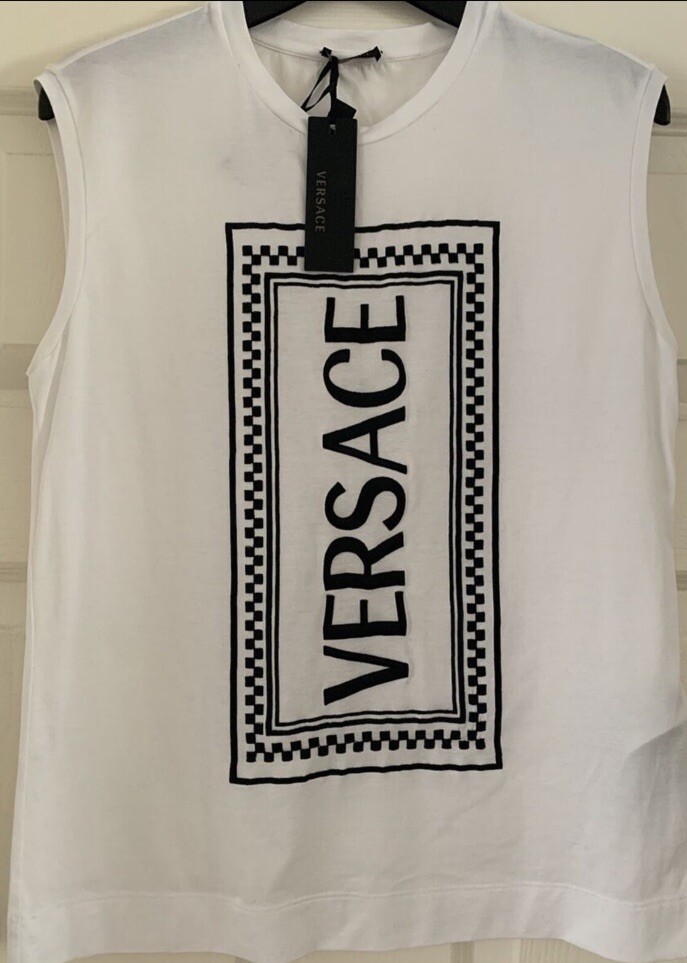 Authentic NWT Versace Unisex  T Shirt Logo White Black 38 Cotton Size 4 Donna