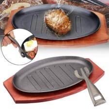 Large 12" Sizzle Platter Steak Fajita Sizzling Serving Plate Wooden Base Kit UK