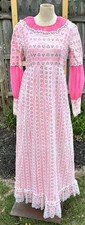 VTG Boho Pink Lace Long Sleeve Maxi Dress Gown M Formal Hippie Floral