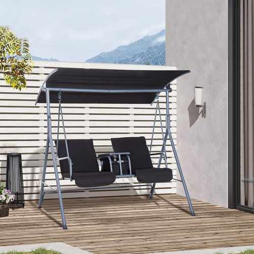 Steel Frame 2-Seater Swing Chair w/ Table Grey - Picture 2 of 6