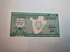 Burundi 10 Francs 1991 Excellent Condition Banknote (SN 444111) World Currency