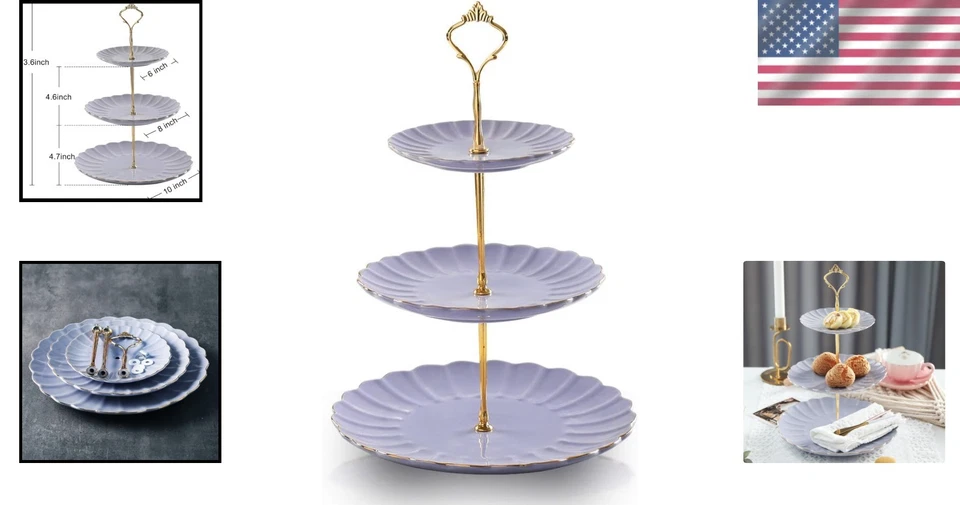 Elegante soporte para pasteles de cerámica de 3 niveles en púrpura - Perfecto para bodas y fiestas de té Foto 2 de 4