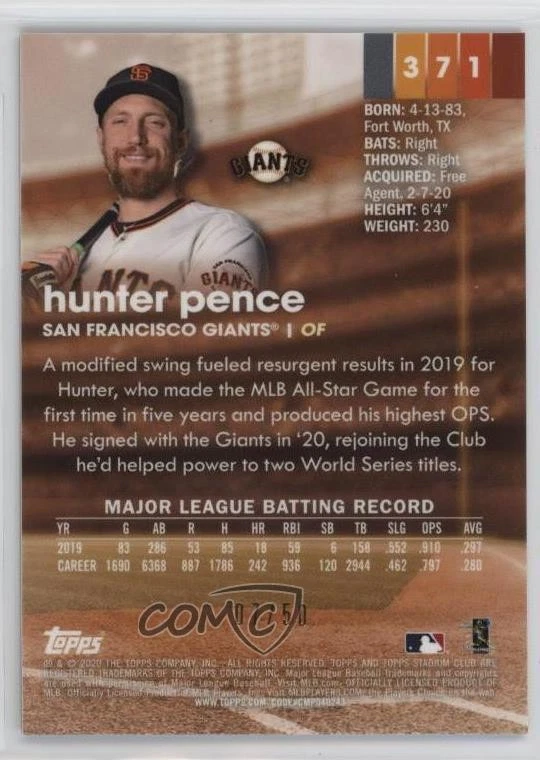 2020 Topps Stadium Club Chrome Gold Refractor /50 Hunter Pence #371 - Image 2 of 2