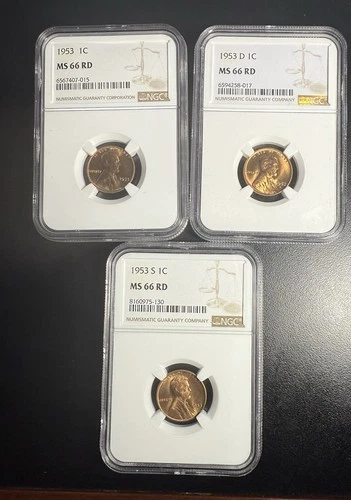 1953-PDS LINCOLN CENT YEAR SET ~ NGC MS 66 RD ~ 3 BRILLIANT UNCIRCULATED COINS!