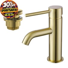 Cloakroom Basin Mixer Tap & Waste Set - Round Single Lever - Brushed Brass