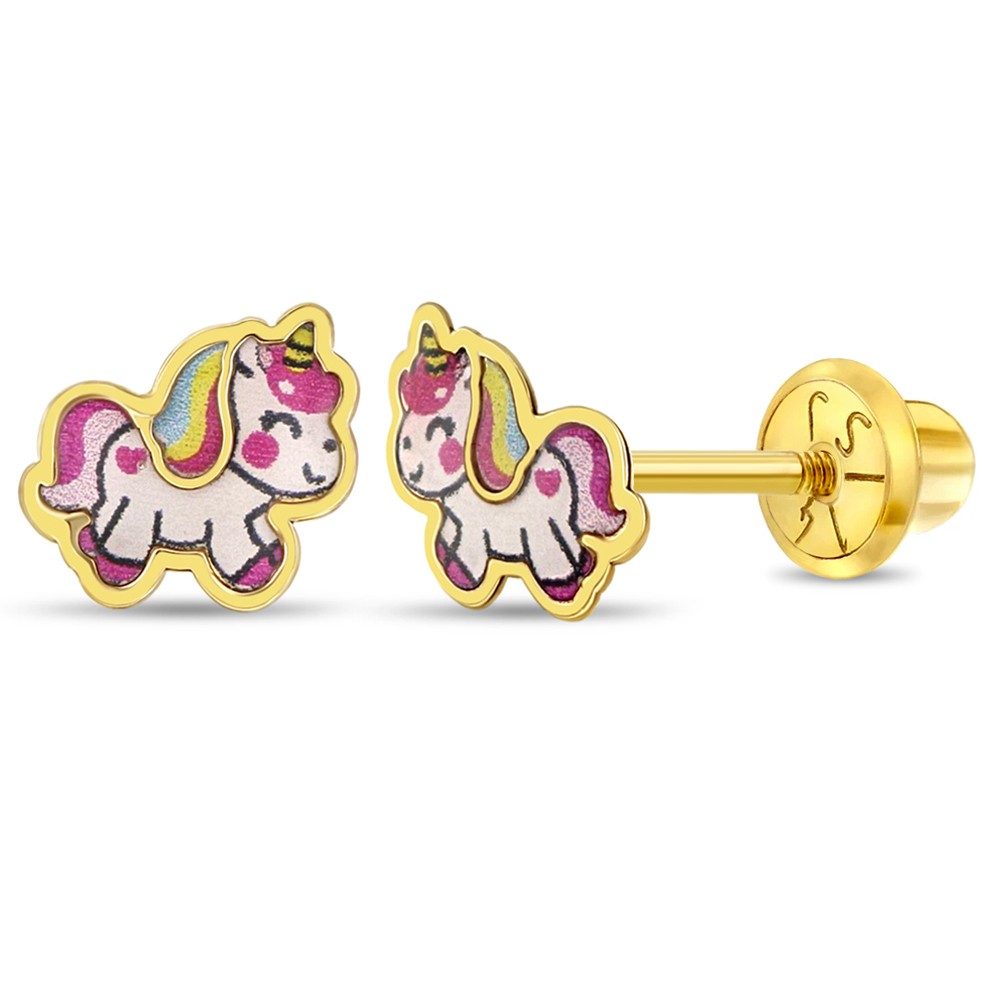 Pendientes de oro amarillo de 14k coloridos unicornio atornillados para niñas y preadolescentes