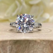 Three Stone 14K White Gold Plated 9mm Round Cut VVS1 Moissanite Engagement Ring