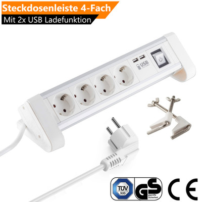 Tischsteckdose mit 2x USB & Schalter Mehrfachstecker 4-fach ALU Steckdosenleiste