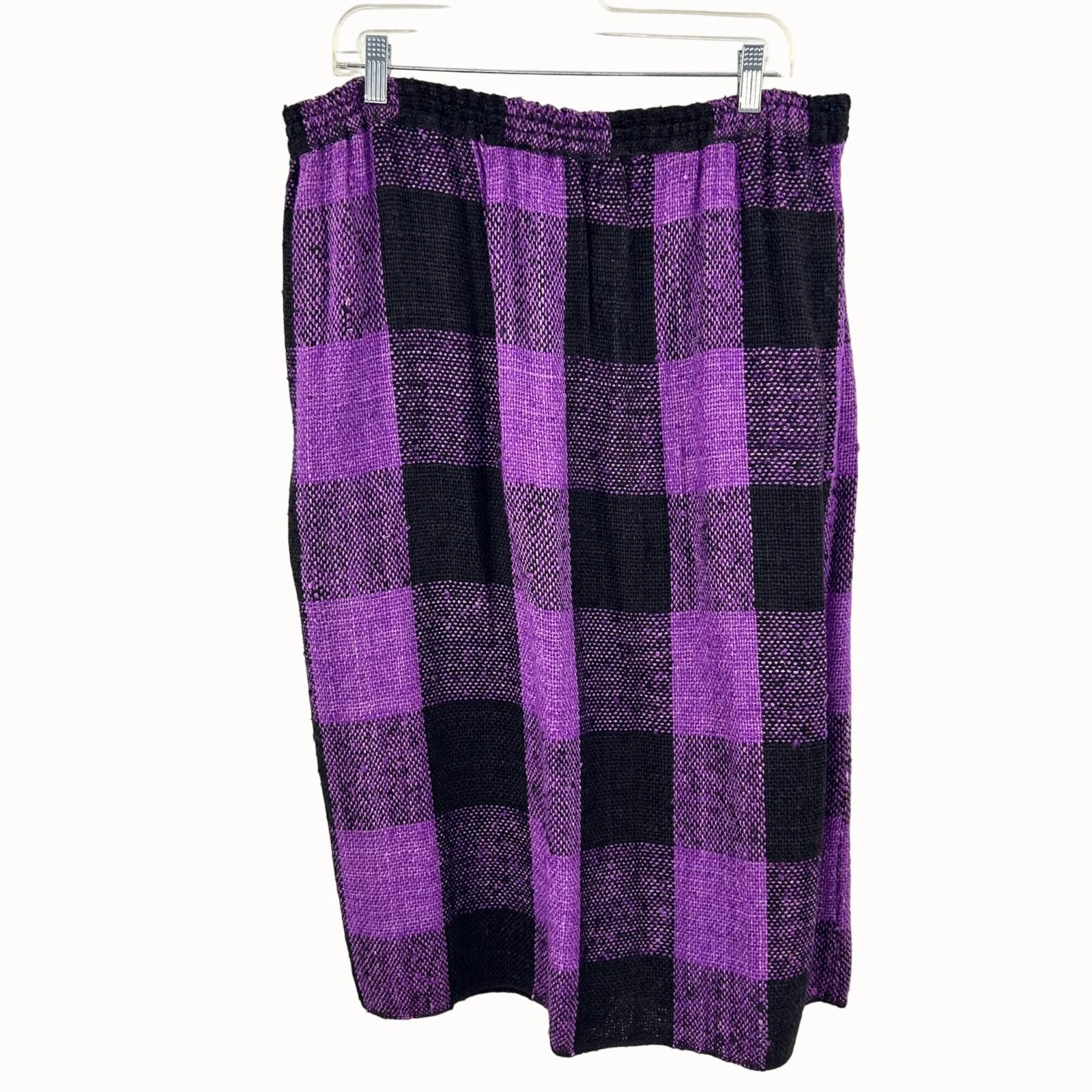 Vintage Purple & Black Textured Checker Plaid Pleated Midi Skirt W/ Pocket - M