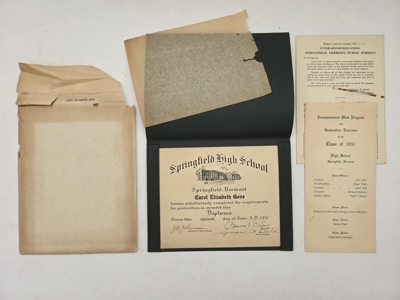 1951 antique SPRINGFIELD HIGH SCHOOL springfield vt CAROL ELIZABETH GOVE DIPLOMA