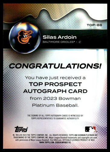 2023 Bowman Platinum Top Prospects Autographs Silas Ardoin Auto Baltimore - Picture 2 of 2