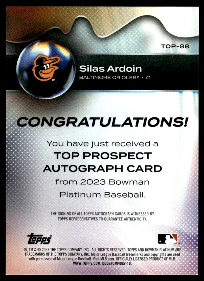 2023 Bowman Platinum Top Prospects Autographs Silas Ardoin Auto Baltimore - Image 2 of 2
