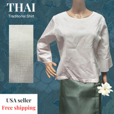WOMAN S 100 COTTON LONG SLEEVE BEAUTIFUL THAI TRADITIONAL WHITE SHIRT CHEST40"