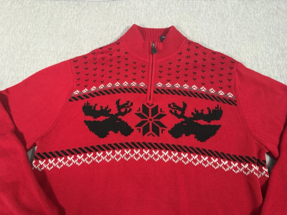 Suéter Chaps Christmas Fair Isle 1/4 Cremallera Rojo Negro Para Hombre XXL Alce Navidad Foto 2 de 4