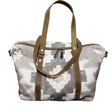 Myra Bag Duffle Weekender Shoulder  Bag Cotton Leather Handles