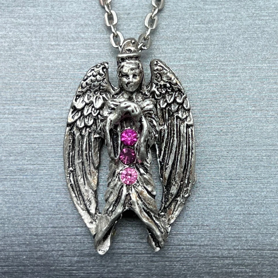 Collar de cadena de plata con pedrería de cristal rosa colgante de ángel gótico vintage Foto 4 de 4