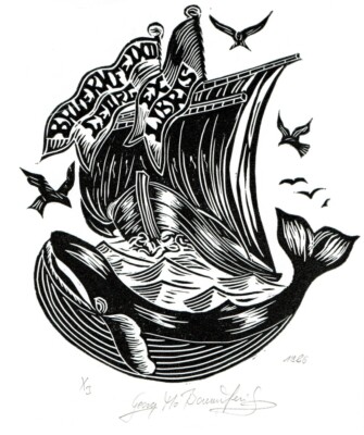 MAX GEORG BAUERNFEIND: Eigen-Exlibris, Blauwal, Segelschiff