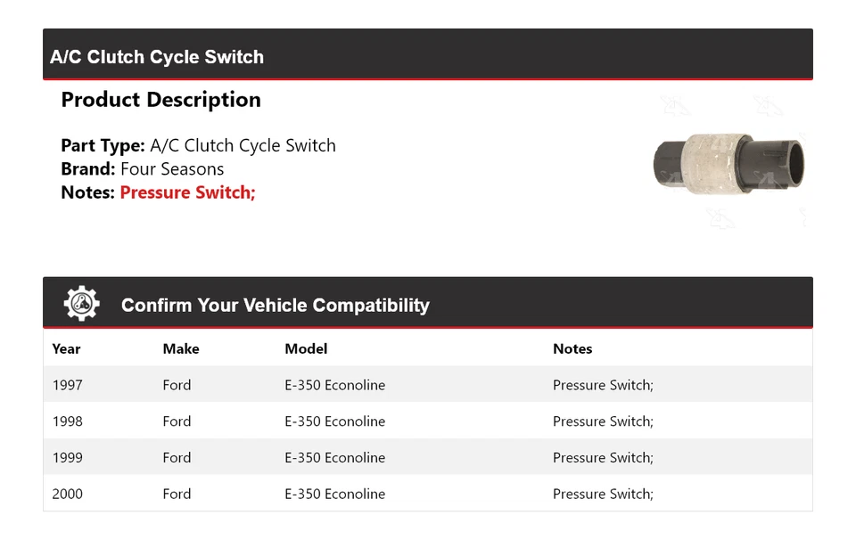 Interruptor de ciclo de embrague aire acondicionado Ford E-350 Econoline 1997-2000 4 estaciones 1998 1999 Foto 2 de 4