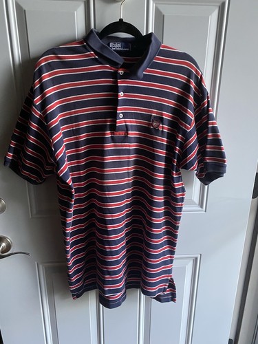 Polo Ralph Lauren Polo Shirt Mens L Red Navy Striped Short Sleeve Stretch