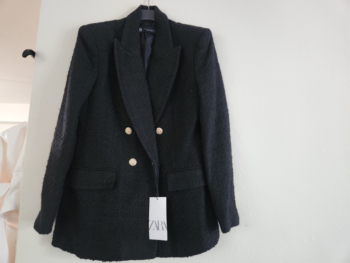 ZARA DOUBLE BREASTED TEXTURED WEAVE JACKET BLAZER Black GOLD ZARA DOUBLE BREASTED TEXTURED WEAVE JACKET BLAZER Black GOLD