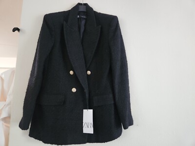 ZARA DOUBLE BREASTED TEXTURED WEAVE JACKET BLAZER Black GOLD Buttons Sz M  NWT