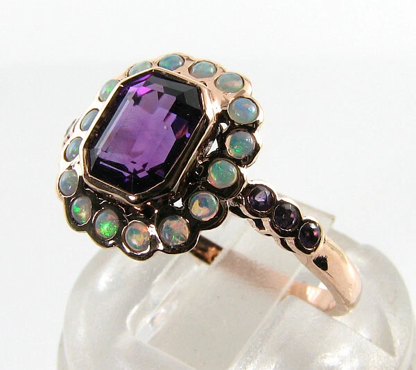 Anillo Art Deco 9CT Oro Rosa con Amatista Natural y Ópalo Cluster