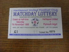 07/11/1998 Matchday Lottery Ticket: Hartlepool United v Plymouth Argyle (creased