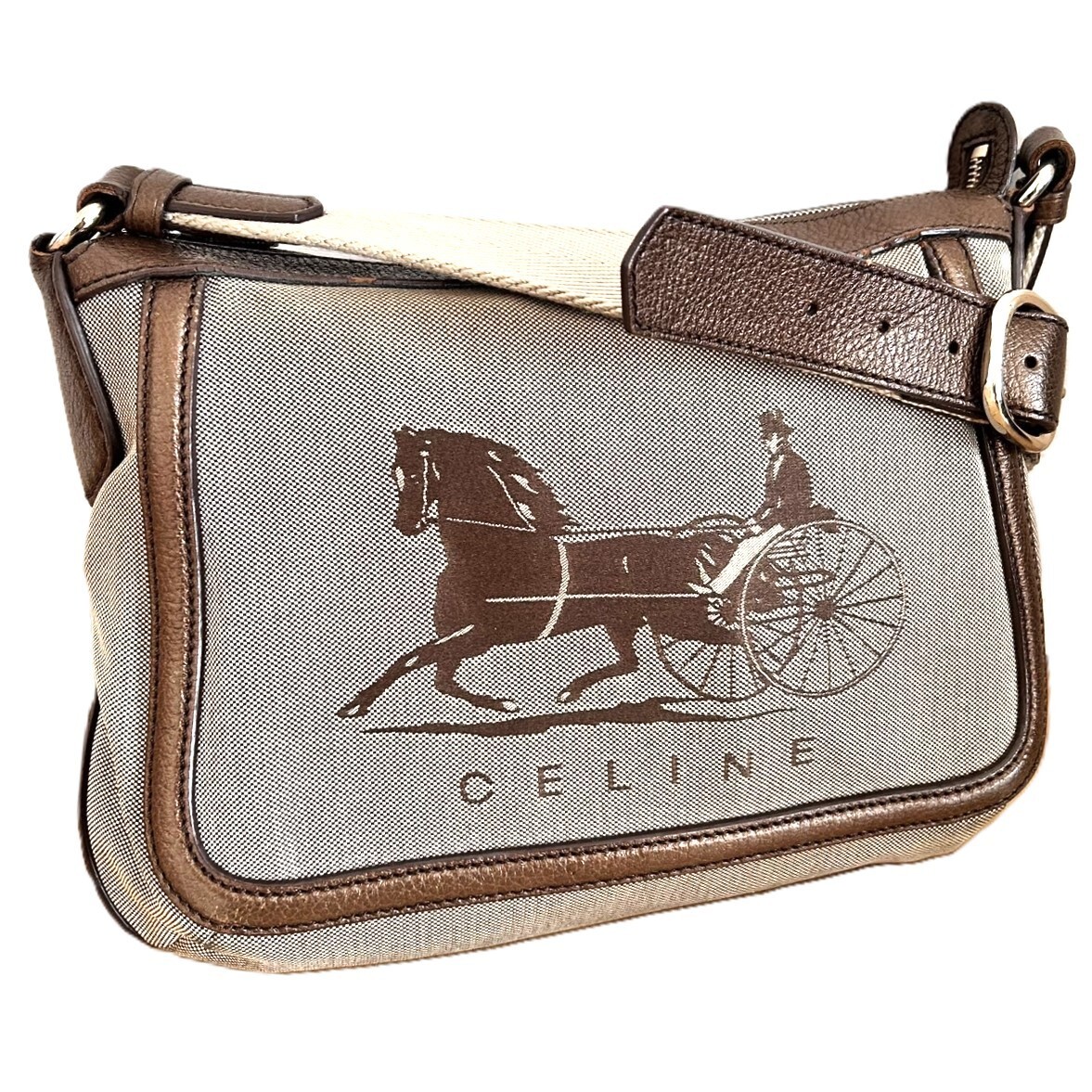 CELINE Canvas Shoulder Bag Beige Authentic 0103
