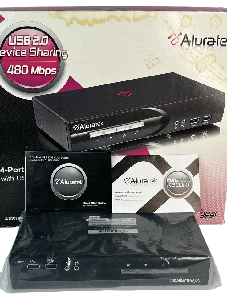 Aluratek 4 Port USB 2.0 Device Sharing DVI KVM Switch 480 Mbps NOS Factory Seal - Image 2 of 4