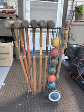 Vintage WOOD CROQUET SET w CADDY metal carrier stand rack rolling lawn game 60s