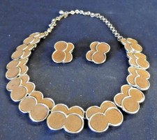 Vintage Goldtone Brown Suede Double Circle Link Necklace Clip Earring Set Fall