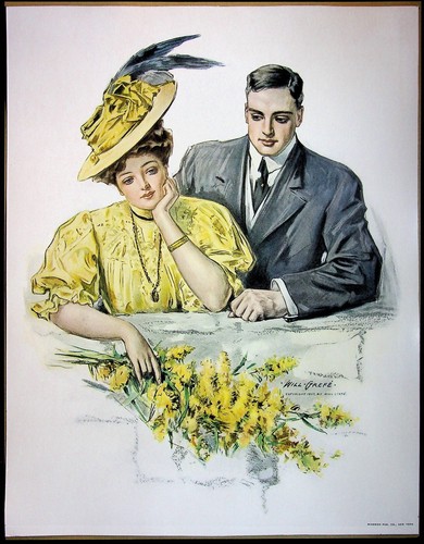 Will Grefe 1907 Calendar Art Print 11x14 Lady Dressed In Yellow W/ Flowers & Man