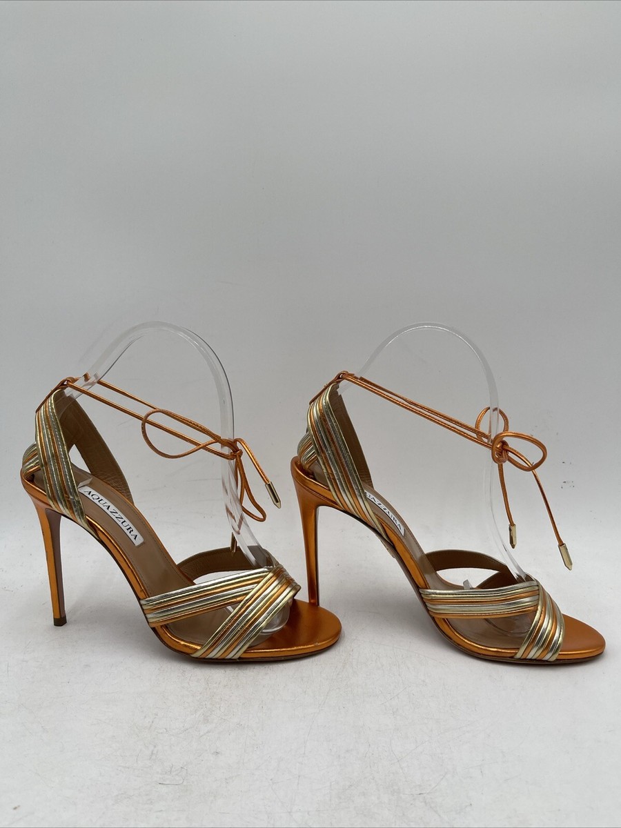 Aquazzura Ari Metallic Leather Ankle-tie Sandals In Platino Gold