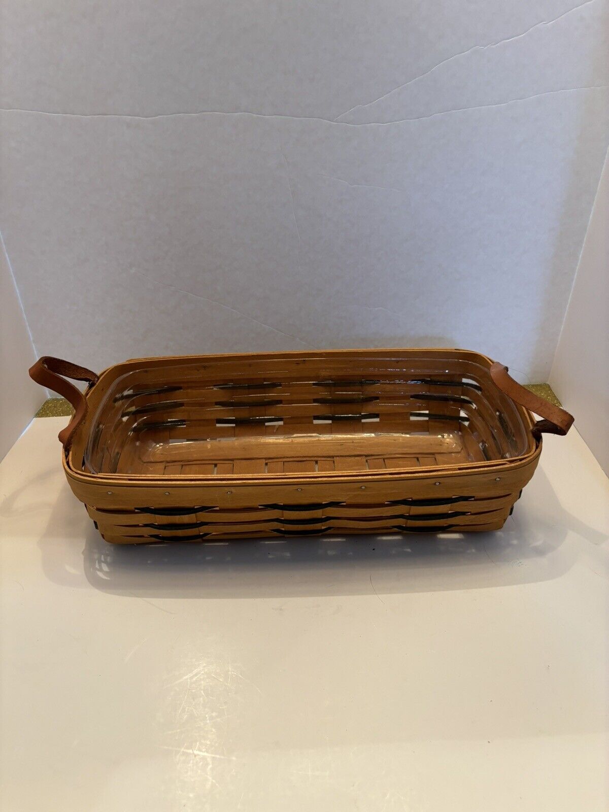 Vintage Longaberger 1996 Bread Basket~Green Weave~Protector~Leather Handles