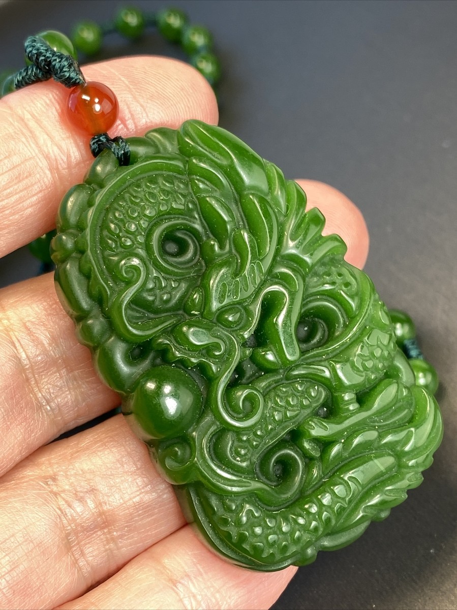 Spinach Green Jade Bead HUGE Hand-Carved Dragon Pendant 26