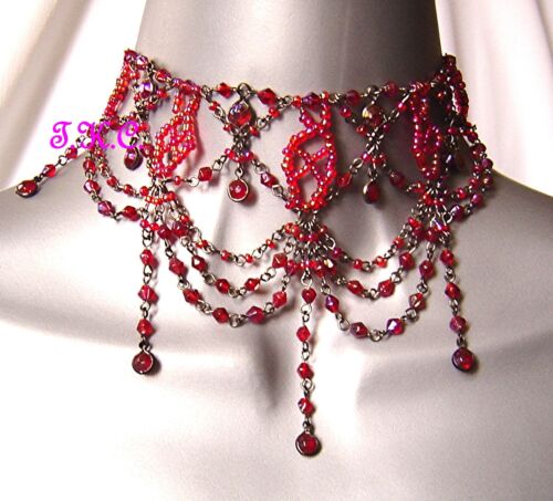 Bright Red Burlesque Diamond Goth Moulin Wedding Prom Ball Glass Choker Necklace - Zdjęcie 1 z 1