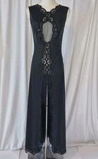 Vintage Blanche Black Nylon Lace Slit Night Gown Small Deep V Back Budoir