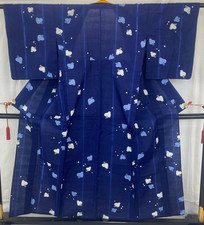 Japanese Vintage Kimono Cotton Blue No Lining Traditional Authentic Length 59 in