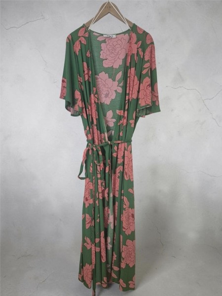 St Frock Size 18 Green Pink Floral Maxi Dress Wrap Style Belted Rayon