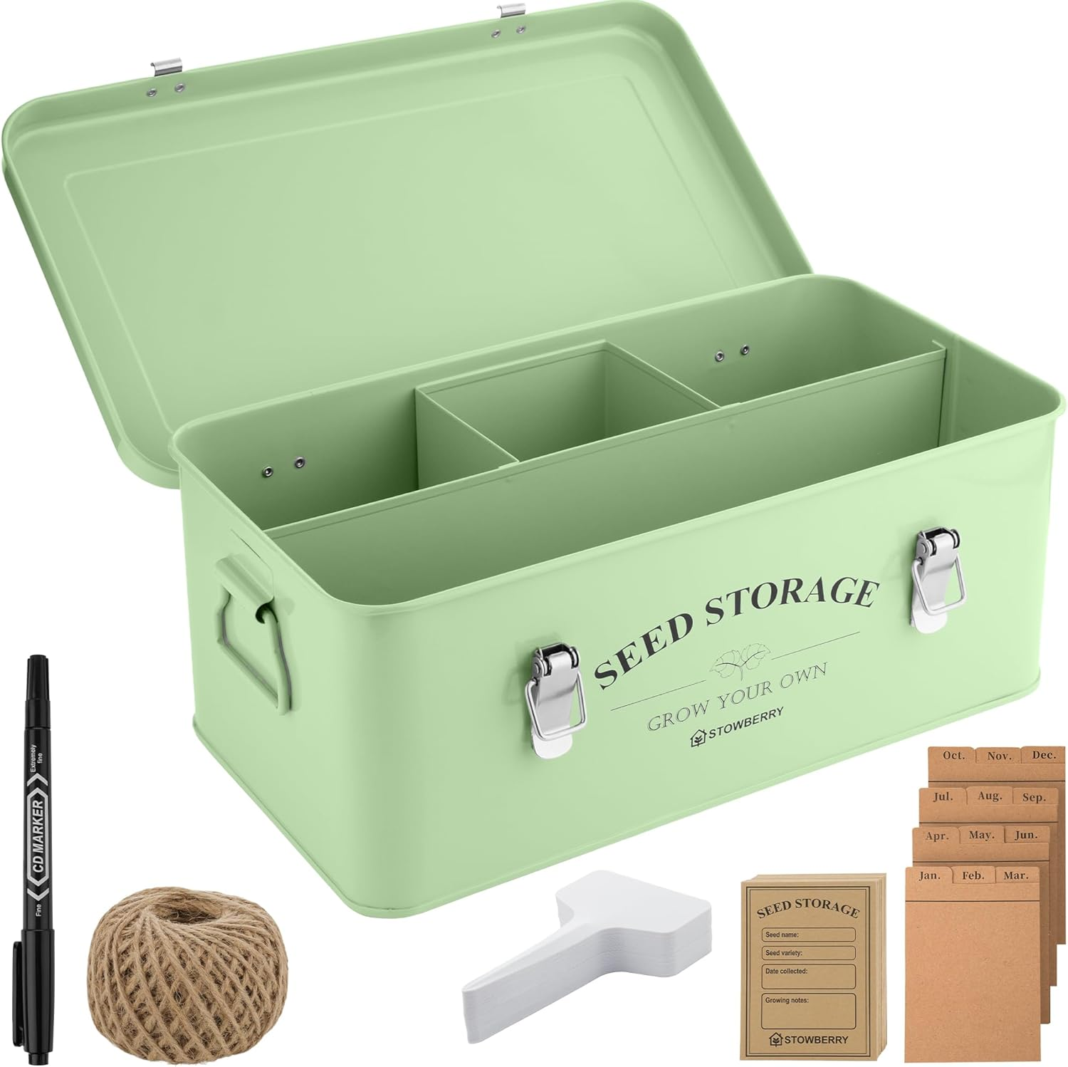 Seed Storage Box Organiser – Garden Seeds Tin with Lid, Handles, 4 Compartments