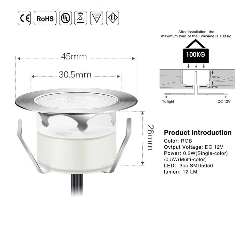 LED Deck Lights Kit,12pcs Φ1.78 Dimmable WiFi-Control Low Voltage Recessed RG... - Image 4 of 4