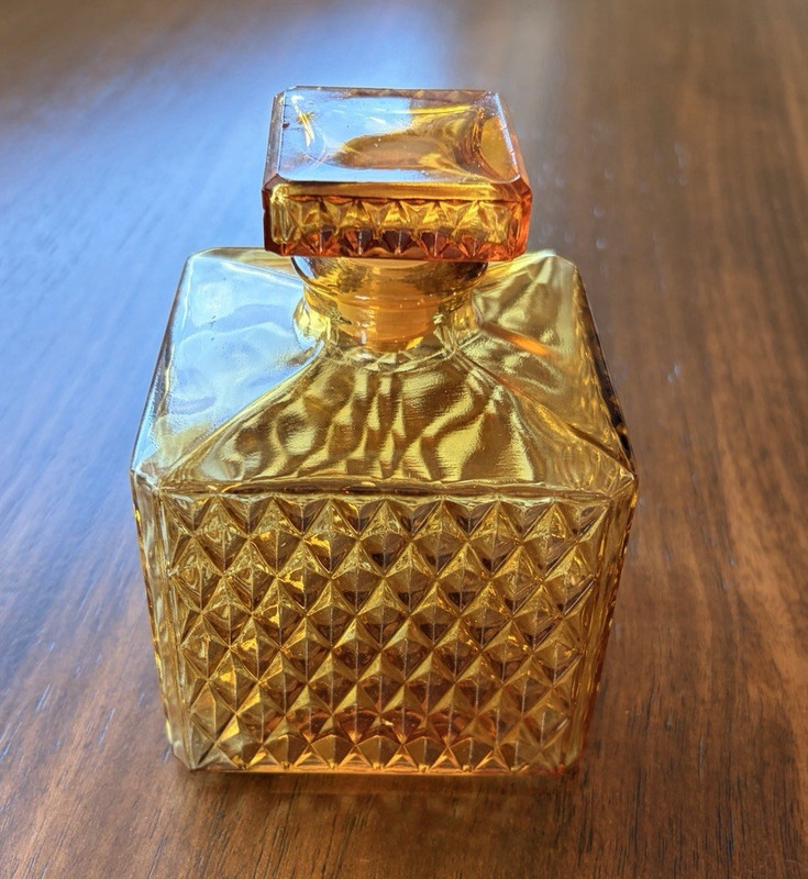 Amber Pressed Glass Square Bottle with Stopper